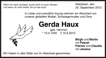 Traueranzeige von Gerda Haux von Waiblinger Kreiszeitung