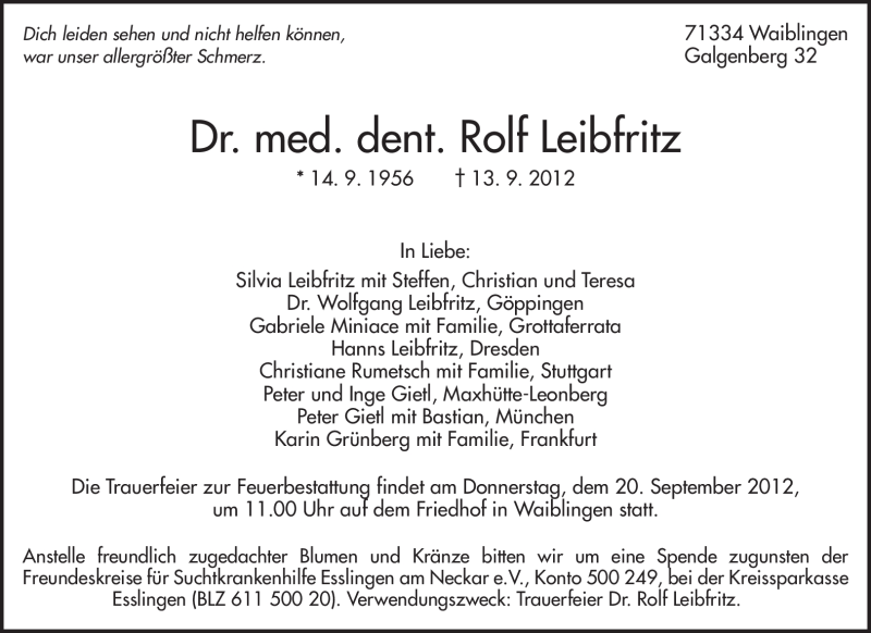 Traueranzeige für Rolf Leibfritz vom 18.09.2012 aus Waiblinger Kreiszeitung