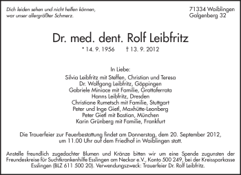 Traueranzeige von Rolf Leibfritz von Waiblinger Kreiszeitung