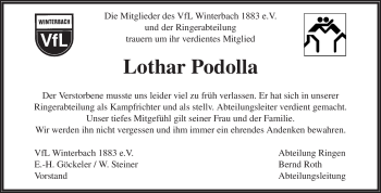 Traueranzeige von Lothar Podolla von Waiblinger Kreiszeitung