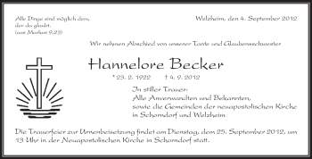 Traueranzeige von Hannelore Becker von Waiblinger Kreiszeitung