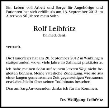 Traueranzeige von Rolf Leibfritz von Waiblinger Kreiszeitung