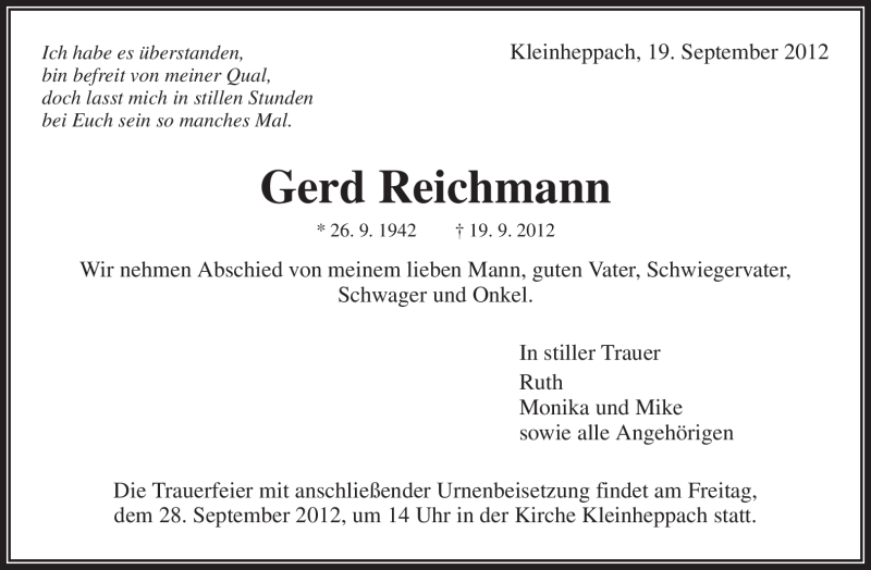  Traueranzeige für Letizia Reichmann vom 26.09.2012 aus Waiblinger Kreiszeitung