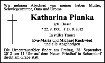 Traueranzeige von Katharina Pianka von Waiblinger Kreiszeitung
