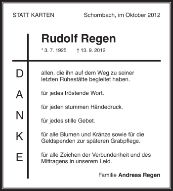 Traueranzeige von Rudolf Regen von Waiblinger Kreiszeitung