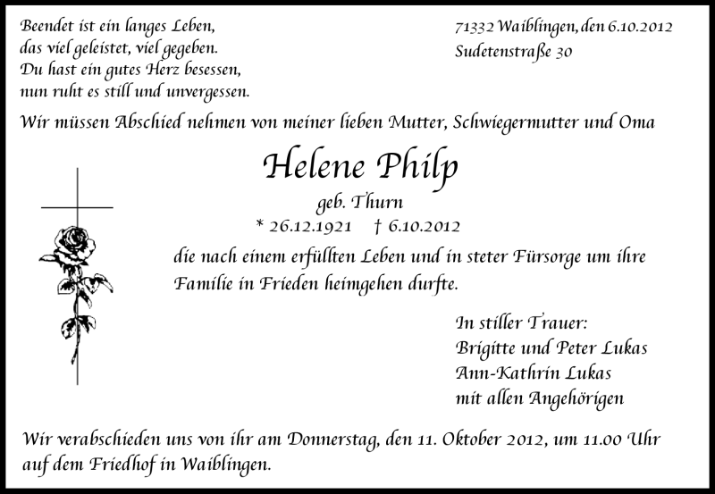  Traueranzeige für Helene Philip vom 09.10.2012 aus Waiblinger Kreiszeitung