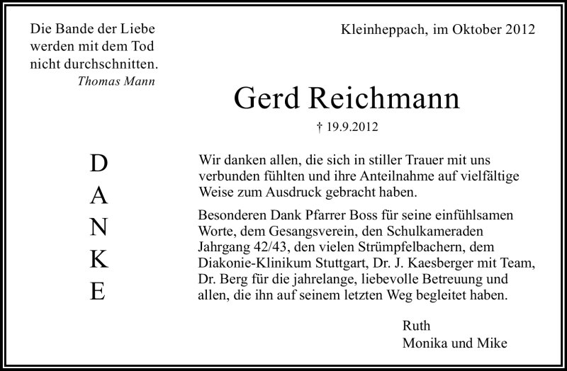  Traueranzeige für Letizia Reichmann vom 12.10.2012 aus Waiblinger Kreiszeitung