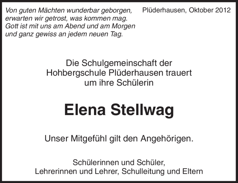  Traueranzeige für Elena Stellwag vom 17.10.2012 aus Waiblinger Kreiszeitung