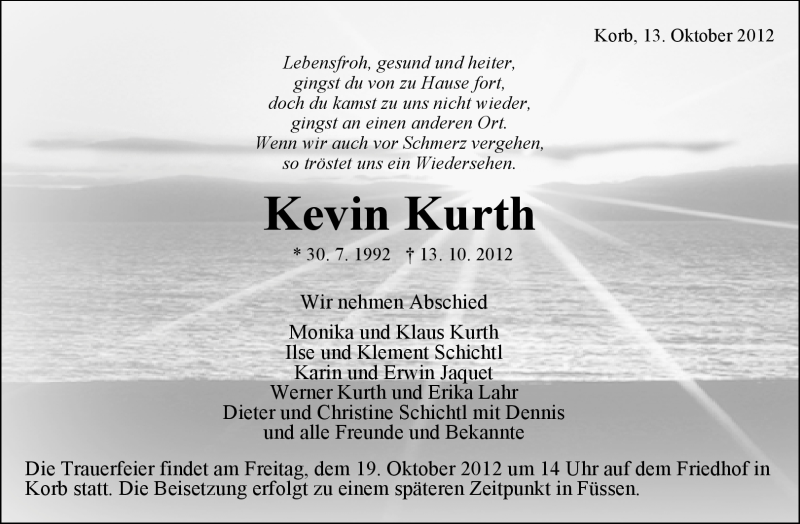  Traueranzeige für Kevin Kurth vom 17.10.2012 aus Waiblinger Kreiszeitung