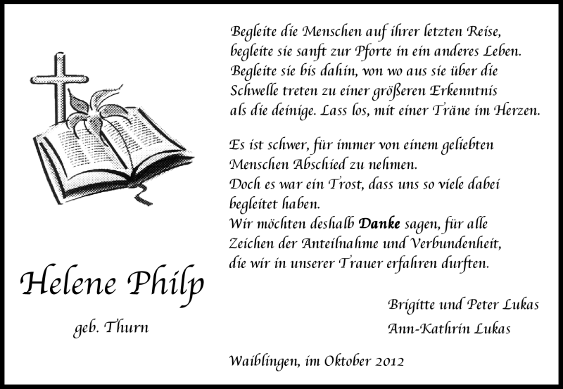  Traueranzeige für Helene Philip vom 20.10.2012 aus Waiblinger Kreiszeitung