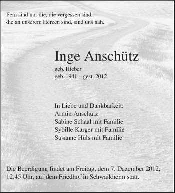 Traueranzeige von Inge Anschütz von Waiblinger Kreiszeitung