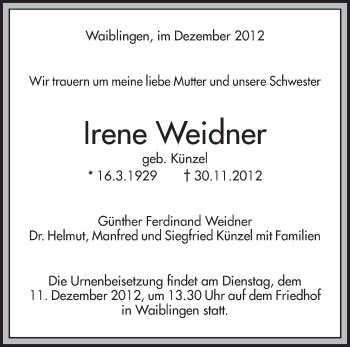 Traueranzeige von Irene Weidner von Waiblinger Kreiszeitung