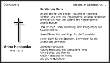 Traueranzeige von Anna Hanauska von Waiblinger Kreiszeitung