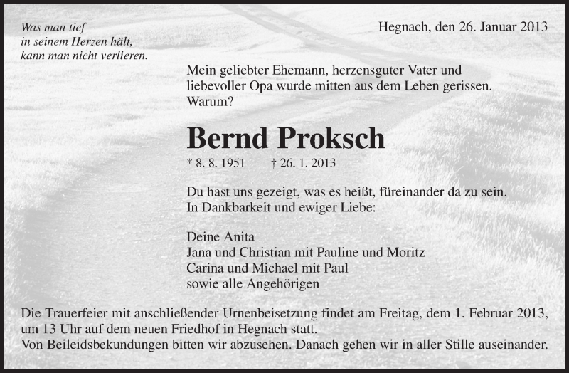  Traueranzeige für Bernd Proksch vom 29.01.2013 aus Waiblinger Kreiszeitung