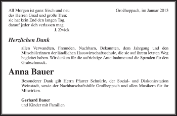 Traueranzeige von Anna Bauer von Waiblinger Kreiszeitung