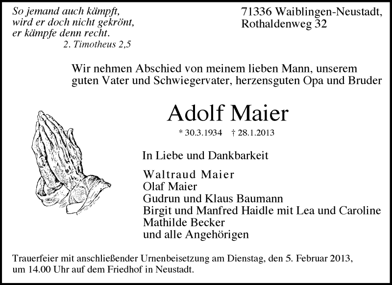  Traueranzeige für Adolf Maier vom 31.01.2013 aus Waiblinger Kreiszeitung