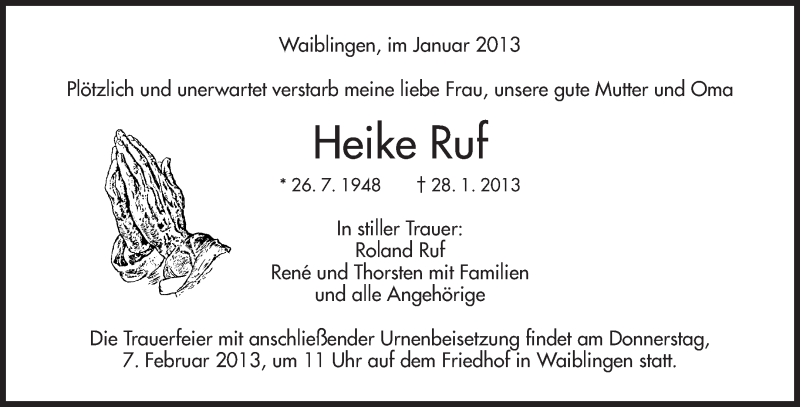  Traueranzeige für Heike Ruf vom 31.01.2013 aus Waiblinger Kreiszeitung
