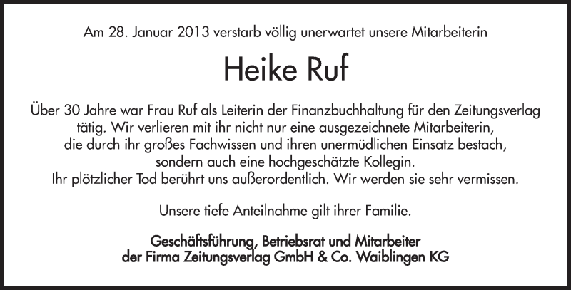  Traueranzeige für Heike Ruf vom 31.01.2013 aus Waiblinger Kreiszeitung
