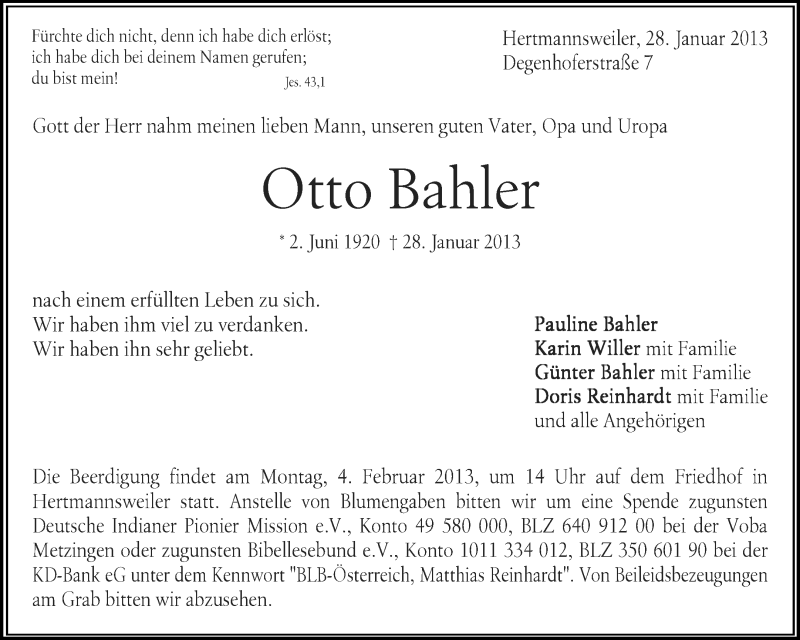  Traueranzeige für Otto Bahler vom 01.02.2013 aus Waiblinger Kreiszeitung