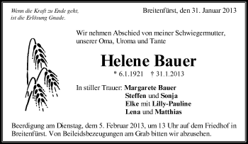 Traueranzeige von Helene Bauer von Waiblinger Kreiszeitung