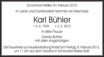 Traueranzeige von Karl Bühler von Waiblinger Kreiszeitung
