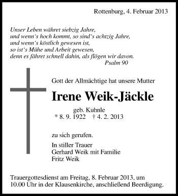 Traueranzeige von Irene Weik-Jäckle von Waiblinger Kreiszeitung