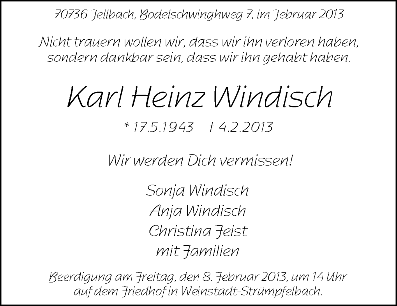  Traueranzeige für Karl Heinz Windisch vom 07.02.2013 aus Waiblinger Kreiszeitung