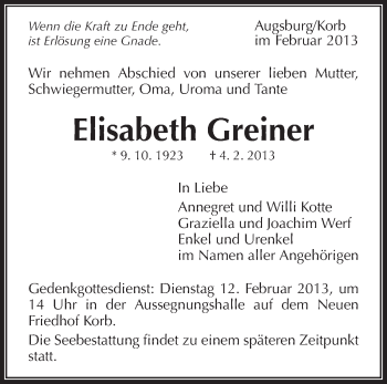 Traueranzeige von Elisabeth Greiner von Waiblinger Kreiszeitung