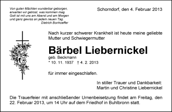 Traueranzeige von Bärbel Liebernickel von Waiblinger Kreiszeitung