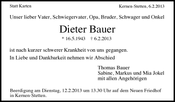 Traueranzeige von Dieter Bauer von Waiblinger Kreiszeitung