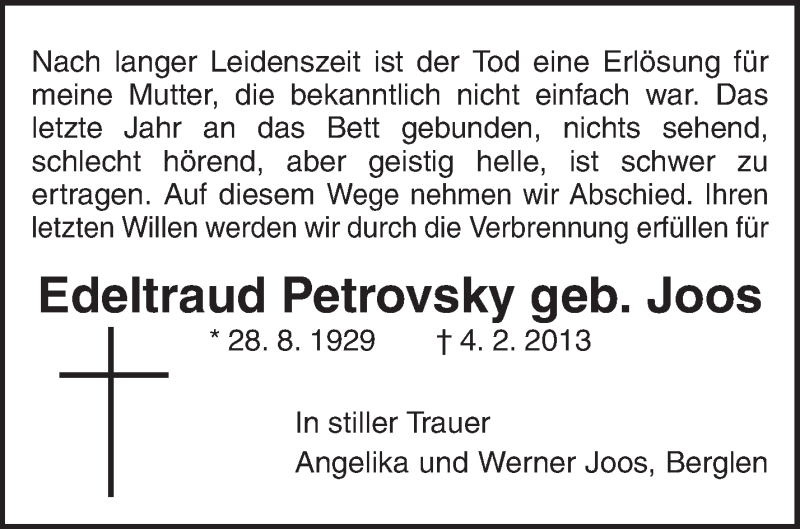  Traueranzeige für Edeltraud Petrovsky geb. Joos vom 09.02.2013 aus Waiblinger Kreiszeitung