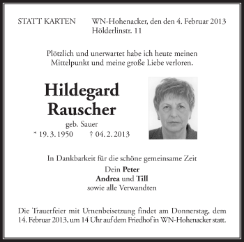 Traueranzeige von Hildegard Rauscher von Waiblinger Kreiszeitung