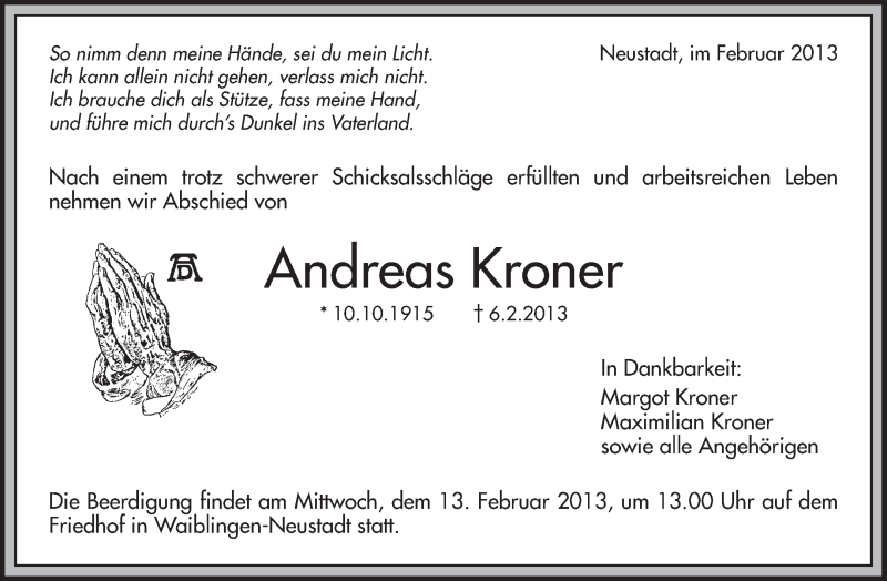  Traueranzeige für Andreas Kroner vom 11.02.2013 aus Waiblinger Kreiszeitung