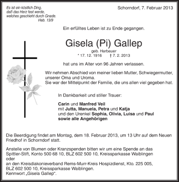Traueranzeige von Gisela Gallep von Waiblinger Kreiszeitung