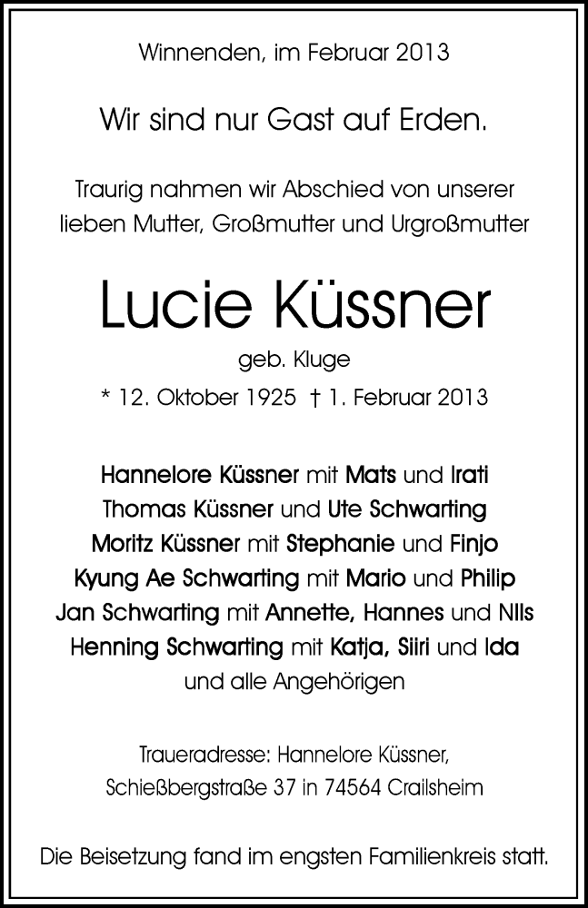  Traueranzeige für Lucie Küssner vom 09.02.2013 aus Waiblinger Kreiszeitung