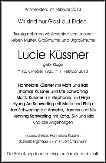 Traueranzeige von Lucie Küssner von Waiblinger Kreiszeitung