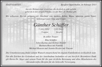 Traueranzeige von Günther Schäffer von Waiblinger Kreiszeitung