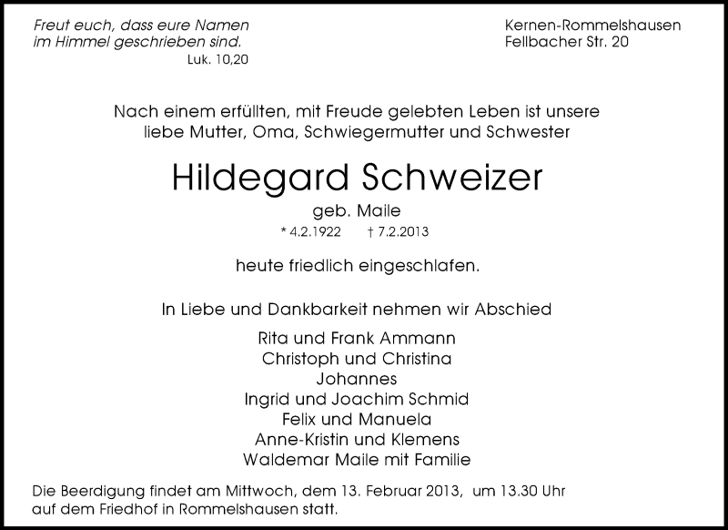  Traueranzeige für Hildegard Schweizer vom 09.02.2013 aus Waiblinger Kreiszeitung