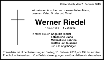 Traueranzeige von Werner Riedel von Waiblinger Kreiszeitung