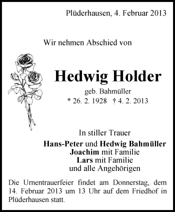 Traueranzeige von Hedwig Holder von Waiblinger Kreiszeitung