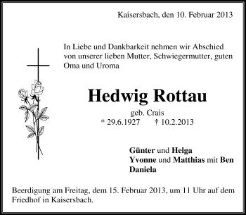 Traueranzeige von Hedwig Rottau von Waiblinger Kreiszeitung