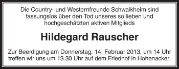 Traueranzeige von Hildegard Rauscher von Waiblinger Kreiszeitung