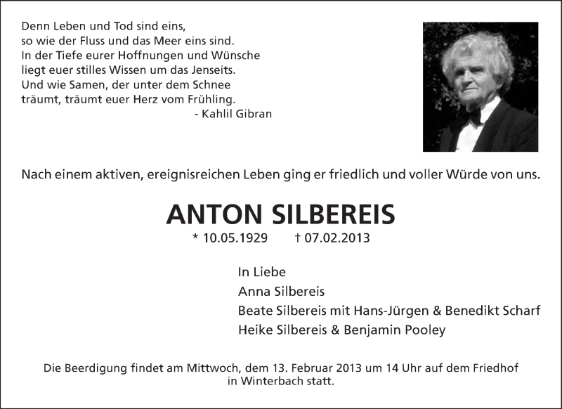  Traueranzeige für Anton Silbereis vom 12.02.2013 aus Waiblinger Kreiszeitung