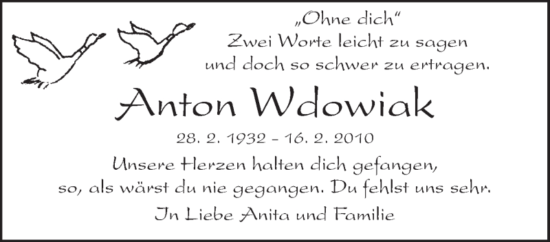  Traueranzeige für Anton Wdowiak vom 16.02.2013 aus Waiblinger Kreiszeitung