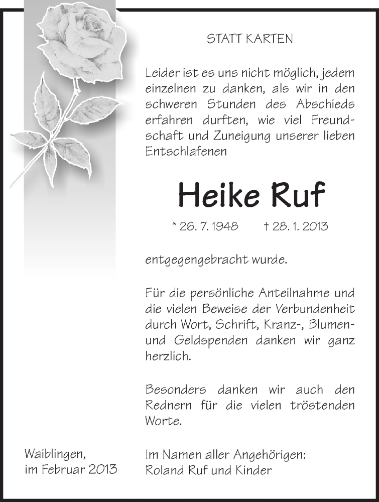  Traueranzeige für Heike Ruf vom 16.02.2013 aus Waiblinger Kreiszeitung