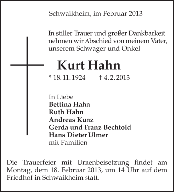 Traueranzeige von Kurt Hahn von Waiblinger Kreiszeitung