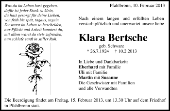 Traueranzeige von Klara Bertsche von Waiblinger Kreiszeitung