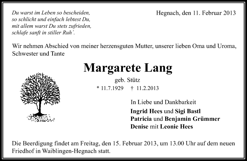  Traueranzeige für Margarete Lang vom 13.02.2013 aus Waiblinger Kreiszeitung