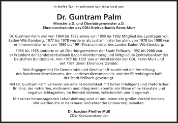 Traueranzeige von Guntram Palm von Waiblinger Kreiszeitung