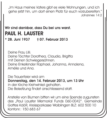 Traueranzeige von Paul H. Lauster von Waiblinger Kreiszeitung